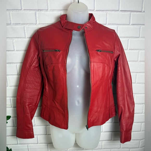 G COLLECTION women Classic vintage red Leather motorcycle Jacket Sleek Design/M - Picture 2 of 16